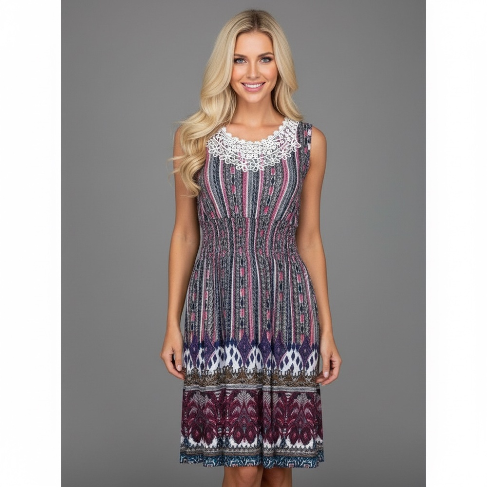NEW Hots Wing Sleeveless Smock Waist Fit & Flare Dress Boho Cottage